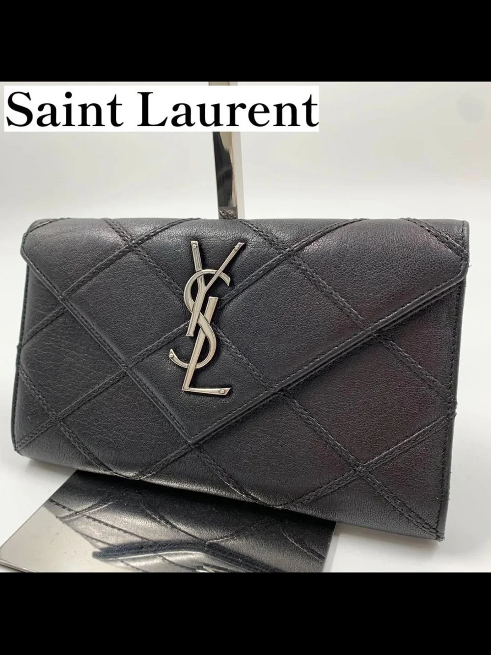 Saint Laurent Black Quilted Leather Envelope Wallet with Silver YSL Logo